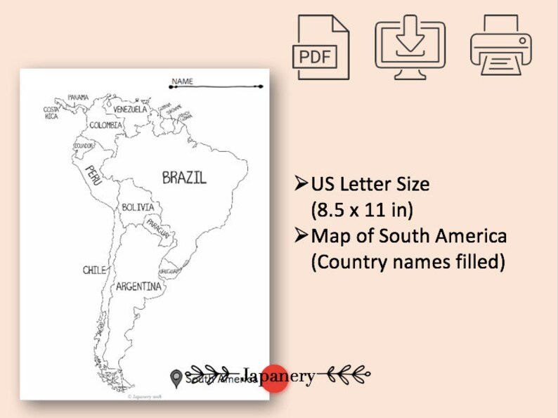 May include: A black and white outline map of South America with country names filled in. The map is on a white background and is 8.5 inches by 11 inches.