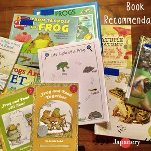 May include: A collection of children's books about frogs, including "From Tadpole to Frog", "Frog and Toad Together", and "Nature Anatomy". The books are arranged on a wooden surface with the text "Book Recommendations" at the top.