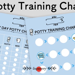 May include: A blue and white printable potty training chart with a 7-day checklist and a progress tracker. The chart features a cartoon toilet, a roll of toilet paper, and a hand washing icon. The progress tracker has arrows and circles to mark progress.