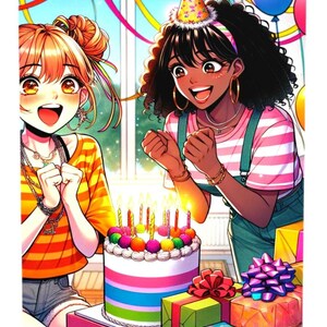 Happy Birthday Postkarte Anime Manga Girl mit Freundin, Grußkartensets (1, 10, 30 und 50 Stück), Briefpapier, Kartenset, Notiz
