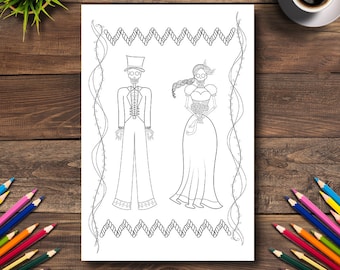 Day of the Dead Coloring Page #24 - DIGITAL (Printable PDF Illustration, Dia de Los Muertos Art, Adult Coloring Books, Death Wedding Couple)