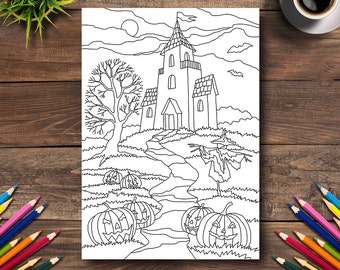 Halloween Coloring Page: Haunted House, Pumpkins, Scarecrow (Printable PDF)