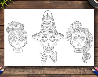 Day of the Dead Coloring Page #23 - DIGITAL (Printable PDF Illustration, Dia de Los Muertos Art, Adult Coloring Books, Skulls Love Triangle)