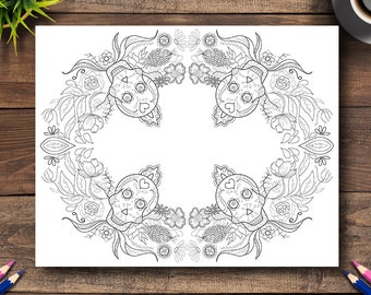 Day of the Dead Coloring Page #25 - DIGITAL (Printable PDF Illustration, Dia de Los Muertos Art, Adult Coloring Books, Sugar Skulls Wreath)