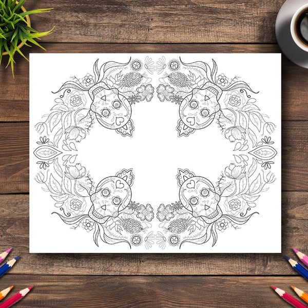 Day of the Dead Coloring Page #25 - DIGITAL (Printable PDF Illustration, Dia de Los Muertos Art, Adult Coloring Books, Sugar Skulls Wreath)