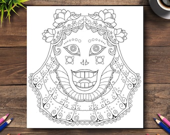 Day of the Dead Coloring Page #19 - DIGITAL (Printable PDF Illustration, Dia de Los Muertos Art, Adult Coloring Books, Death, Lady Catrina)