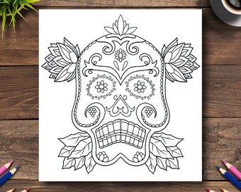 Day of the Dead Coloring Page #18 - DIGITAL (Printable PDF Illustration, Dia de Los Muertos Art, Adult Coloring Books, Latin, Death, Head)