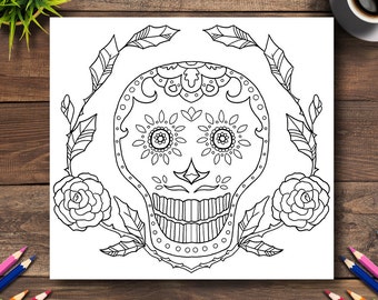 Day of the Dead Coloring Page #17 - DIGITAL (Printable PDF Illustration, Dia de Los Muertos Art, Adult Coloring Books, Death Skull, Flowers)