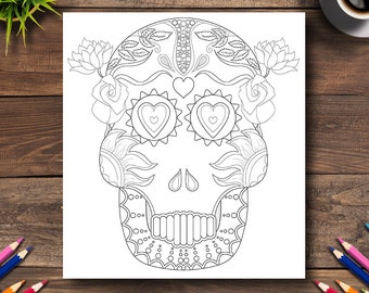 Day of the Dead Coloring Page #21 - DIGITAL (Printable PDF Illustration, Dia de Los Muertos Art, Adult Coloring Books, Funny Sugar Skull)