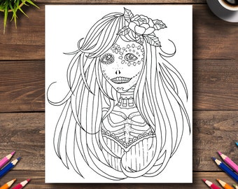 Day of the Dead Coloring Page #20 - DIGITAL (Printable PDF Illustration, Dia de Los Muertos Art, Adult Coloring Books, Death, Lady Catrina)