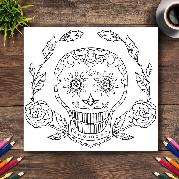 Day of the Dead Coloring Page #17 - DIGITAL (Printable PDF Illustration, Dia de Los Muertos Art, Adult Coloring Books, Death Skull, Flowers)