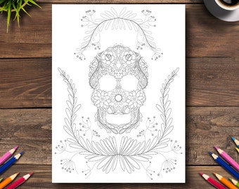 Day of the Dead Coloring Page #22 - DIGITAL (Printable PDF Illustration, Dia de Los Muertos Art, Adult Coloring Books, Sugar Skull Floral)