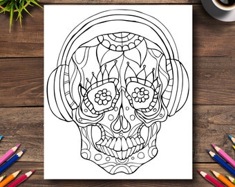 Day of the Dead Coloring Page #8 - DIGITAL (Printable PDF Illustration, Dia de Los Muertos Art, Adult Coloring Books, Sugar Skull Headphone)
