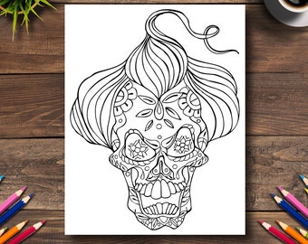 Day of the Dead Coloring Page #7 - DIGITAL (Printable PDF Illustration, Dia de Los Muertos Art, Adult Coloring Books, Lady Catrina Skull)