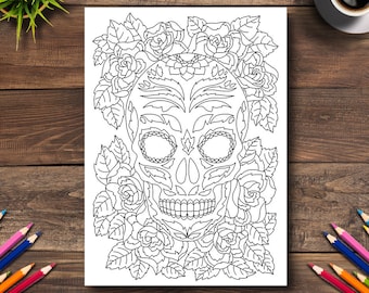 Day of the Dead Coloring Page #15 - DIGITAL (Printable PDF Illustration, Dia de Los Muertos Art, Adult Coloring Books, Flowery Sugar Skull)