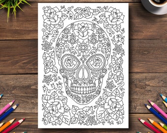 Day of the Dead Coloring Page #11 - DIGITAL (Printable PDF Illustration, Dia de Los Muertos Art, Adult Coloring Books, Sugar Skull Floral)