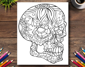 Day of the Dead Coloring Page #9 - DIGITAL (Printable PDF Illustration, Dia de Los Muertos Art, Adult Coloring Books, Flowery Sugar Skull)