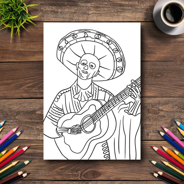 Day of the Dead Coloring Page #4 - DIGITAL (Printable PDF Illustration, Dia de Los Muertos Art, Adult Coloring Books, Mexican Guitar Player)