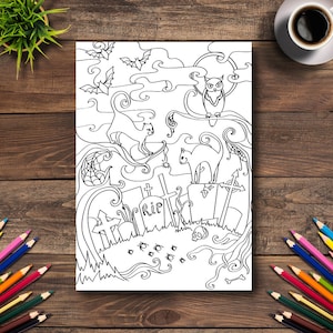 Halloween kleurplaat #3 - DIGITAAL (afdrukbare PDF-illustratie, dag van de dode kunst, kleurboeken voor volwassenen, uil, katten, vleermuizen, begraafplaats)