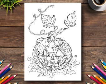 Halloween Coloring Page #12 - DIGITAL (Printable PDF Illustration, Day of the Dead Art, Adult Coloring Books, Big Pumpkin, Jack-o'-lantern)