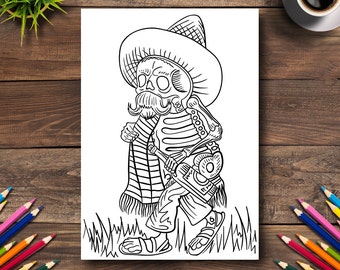 Day of the Dead Coloring Page #2 - DIGITAL (Printable PDF Illustration, Dia de Los Muertos Art, Adult Coloring Books, Skeleton Drunk Farmer)