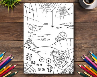 Halloween Coloring Page #43 - DIGITAL (Printable PDF Illustration, Day of the Dead Art, Adult Coloring Books, Spider Web, Spooky Eyes, Bats)