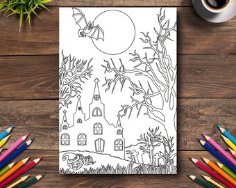 Halloween Coloring Page #4 - DIGITAL (Printable PDF Illustration, Day of the Dead Art, Adult Coloring Books, Cathedral, Bat, Church, Moon)