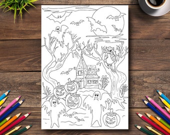 Halloween Coloring Page: Ghosts, Pumpkins, Owl (Printable PDF)