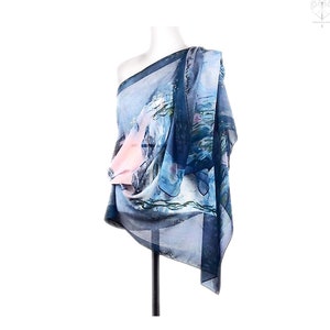 Claude Monet: Water Lilies Poly Chiffon Purple Blue Scarf/ 27&quot;70&quot; Large Multi Use  Beach Pareo Style/ Limited Impressionism Art Gift for Her