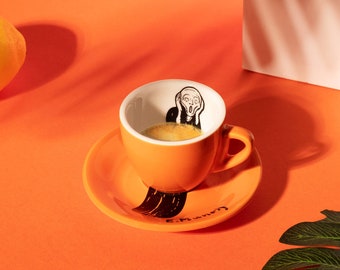 2oz Orange Espresso Cup and Saucer Extra Small Espresso Coffee Cup Glossy Glaze Tiny Mug Art Gifts Edvard Munch The Scream