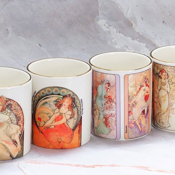 Alphonse Mucha 11oz Gold Mug:Fleurs /Saisons /Danse et Peinture /Rêverie et Zodiaque /Tasse à Café Tea/Style Art Nouveau