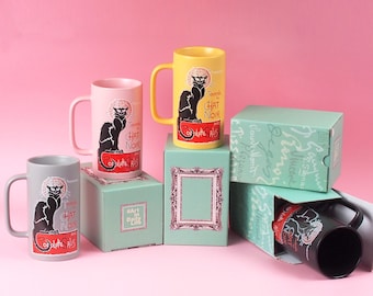 Le Chat Noir 17oz Coffee Mug Black Cat / Pink Yellow Gray Black / Long Large Collectible Gift Home Cafe Post Impressionism Ice Coffee Mug
