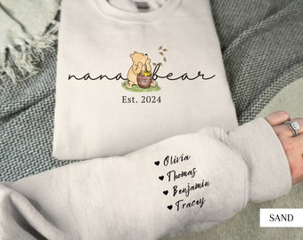 Nana Sweatshirt with Grandkids Names Winnie the Pooh Sweatshirt Custom Nana Sweatshirt with Kid Name on Sleeve Personalized Nana Gifts