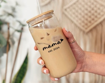 Personalized Mama Glass Tumbler with Lid and Straw Custom Mama Glass Can Custom Year Mama Gift Mama Coffee Glass Mama Glass Cup with Straw