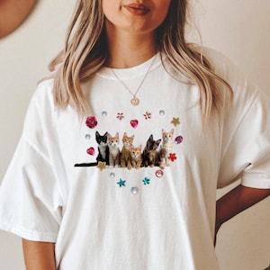 Y2K Aesthetic Cat Shirt Rhinestone Heart Shirt Cute Kittens Top Crystal Kitty Tee 90s Nostalgia Vintage Fashion Gems Stone 2000s Outfits