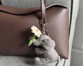 Felt Elephant Bag Charm, Handmade Elephant with Flower Keychain, Cute Elephant Charm Accessory for Handbags
