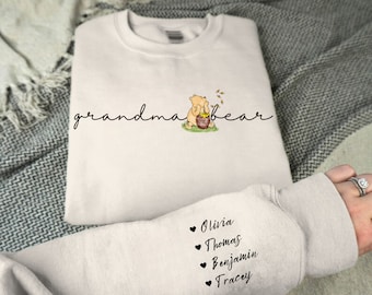 Personalized Grandma Sweatshirt with Grandkids Names Winnie the Pooh Sweater Custom Grandma Sweatshirt with Names on Sleeve