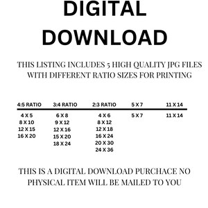 Pu&ograve; includere: Un elenco di download digitale per cinque file JPG di alta qualit&agrave; con diversi rapporti d'aspetto per la stampa. I rapporti sono 4:5, 3:4, 2:3, 5x7 e 11x14. L'immagine mostra le diverse dimensioni disponibili per ogni rapporto.