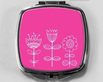 Miroir de poche compact floral Doodles en rose, style moderne du milieu du siècle