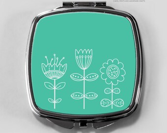 Floral doodles compact pocket mirror in turquoise, midcentury modern style