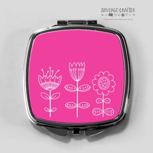 Floral doodles compact pocket mirror in pink, midcentury modern style