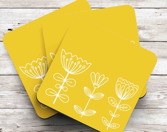 Floral doodle midcentury modern design coaster in mustard yellow, individual coasters or sets