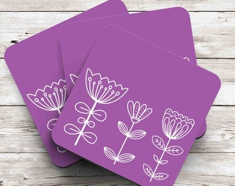 Floral doodle midcentury modern design coaster in purple, individual coasters or sets