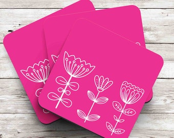 Floral doodle midcentury modern design coaster in pink, individual coasters or sets