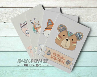 Fun and inspirational quote postcards / notecards - series 9. Be brave little bear, Stay clever little fox, Little owl, Little deer, tribal