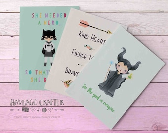 Fun and inspirational quote postcards / notecards - series 3. She needed a hero, See the good, Kind heart fierce mind