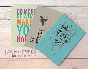 Fun and inspirational quote postcards / notecards - series 5. First I drink the coffee, Bee yourself, Do more of what makes you happy.