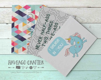 Fun and inspirational quote postcards / notecards - series 8. I believe in you unicorn, Ron Swanson quote half-ass, Thank you geometric card