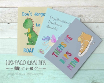 Fun and inspirational quote postcards / notecards - series 4. Thems me daps, Why fit in unicorn, Be roarsome dinosaur