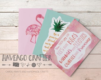 Fun and inspirational quote postcards / notecards - series 1.  Be a flamingo. Be a pineapple and Lesley Knope parks and recreation